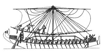 Матросы опускают мачту на Египетском судне середины II тыс. до н.э. с рельефа в Дейр эль-Бахри